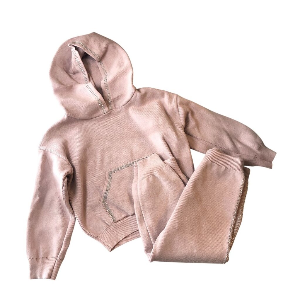 Beau Kid Girl Knit Sweatsuit Hoodie Jogger Pants Rhinestones Pink 3-4 Years